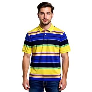 American Living Mens Yellow Blue‎ Stripe Short Sleeve Polo Shirt LG NWT